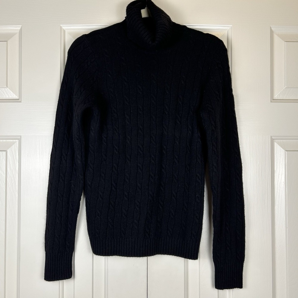 J.CREW Womens Black Cable Knit Turtleneck Merino Wool Cashmere Blend Sweater M
